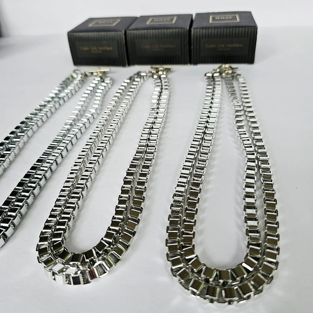 NIB Set of 3 90's Cubic Link Necklace Silvertone Toggle Box Chain Industrial Y2K